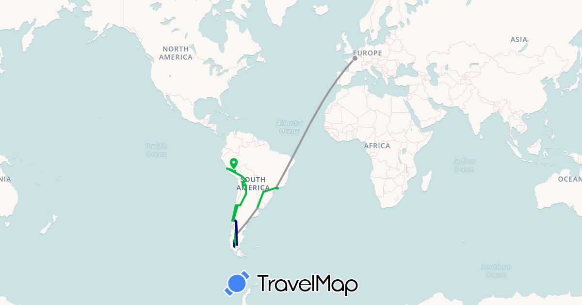 TravelMap itinerary: driving, bus, plane, boat in Argentina, Bolivia, Brazil, Chile, France, Peru (Europe, South America)